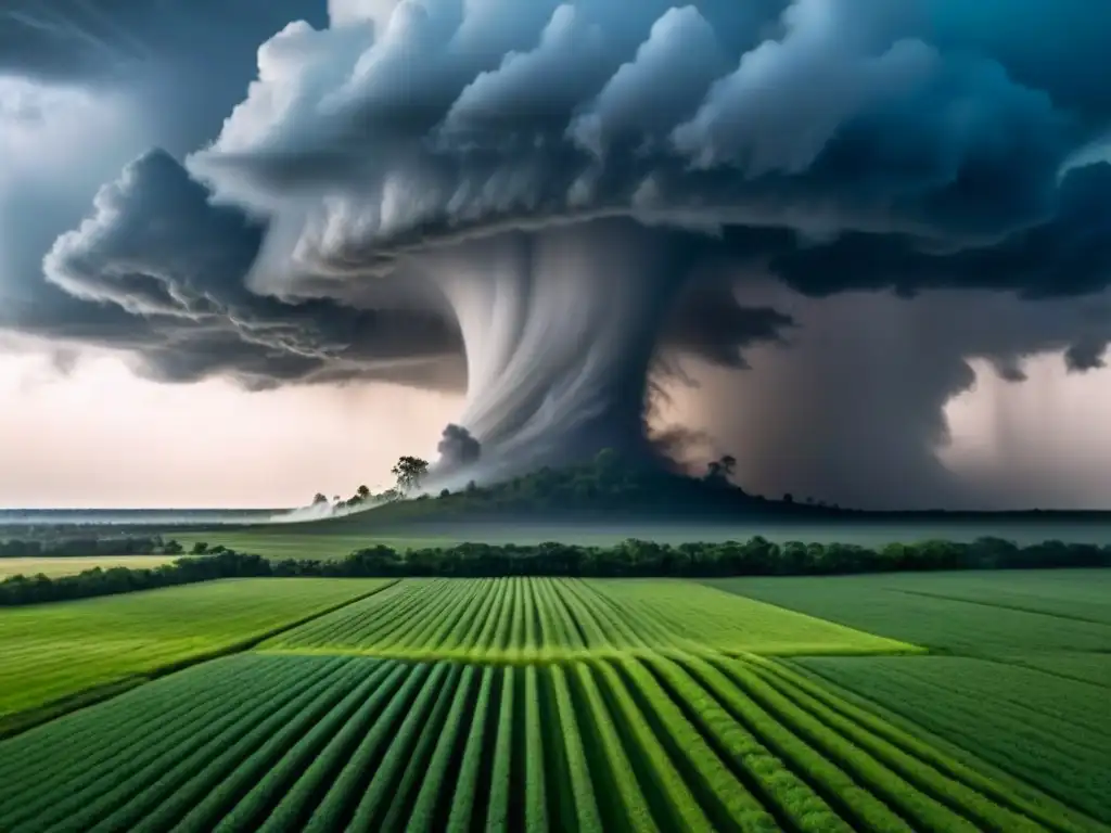 Tormenta en formación: la belleza y poder de la naturaleza Imponente tornado sobre campo abierto, con nubes ominosas y contraste entre calma y tormenta