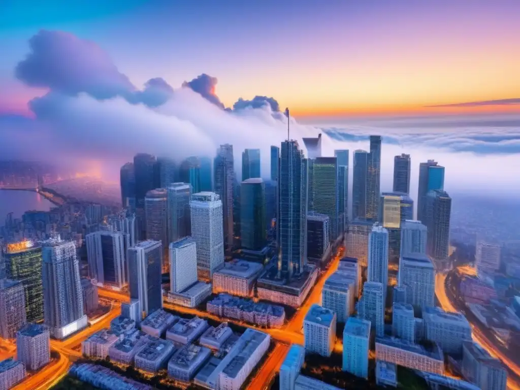 Horizonte urbano: impacto de regulaciones fiscales en mercado inmobiliario Imponentes rascacielos en una ciudad vibrante al atardecer, reflejo de las regulaciones fiscales en el mercado inmobiliario internacional