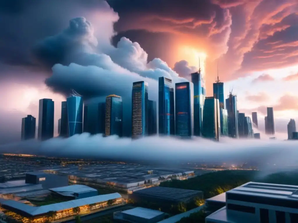 Metrópolis futurista: rascacielos anti terremotos bajo tormenta Imponentes rascacielos resistentes a desastres naturales en inversión inmobiliaria