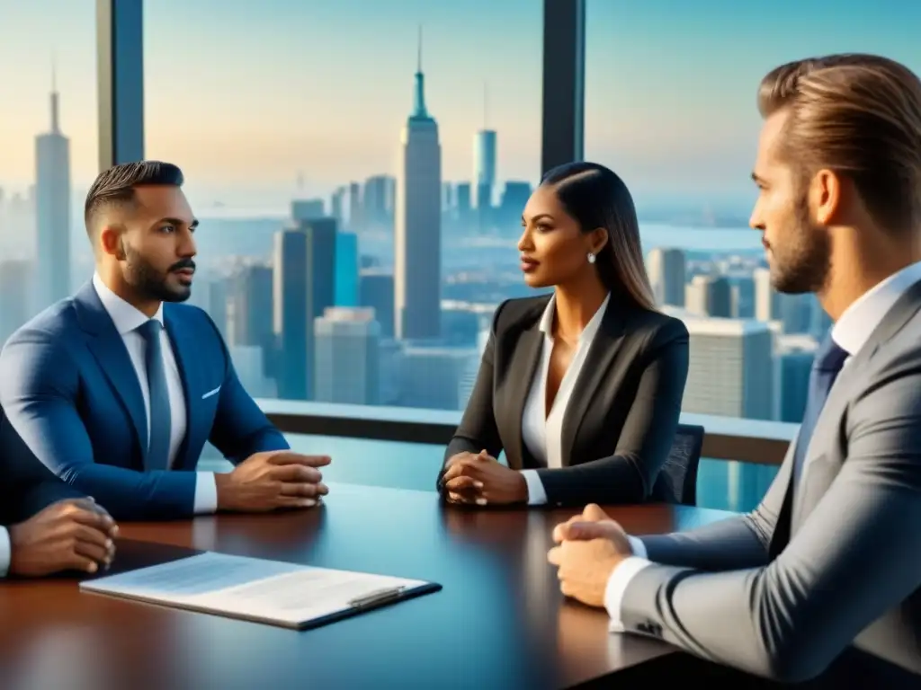 Abogados expertos en transacciones inmobiliarias internacionales Importancia de abogados en transacciones inmobiliarias internacionales: Reunión de abogados en oficina moderna y elegante discutiendo estrategias