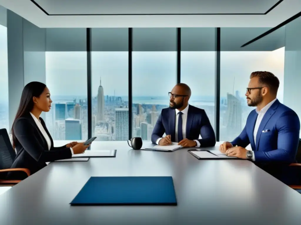 Abogados internacionales en reunión: profesionalismo y diversidad Importancia de abogados en transacciones inmobiliarias internacionales: Grupo diverso en moderna oficina discutiendo con mapas y contratos en mesa