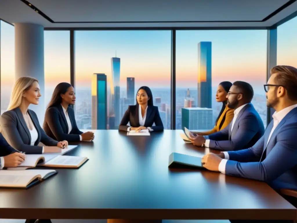 Abogados internacionales en acción: innovación y diversidad en transacciones inmobiliarias globales Importancia de abogados en transacciones inmobiliarias internacionales: Abogados internacionales colaborando en una oficina moderna y sofisticada