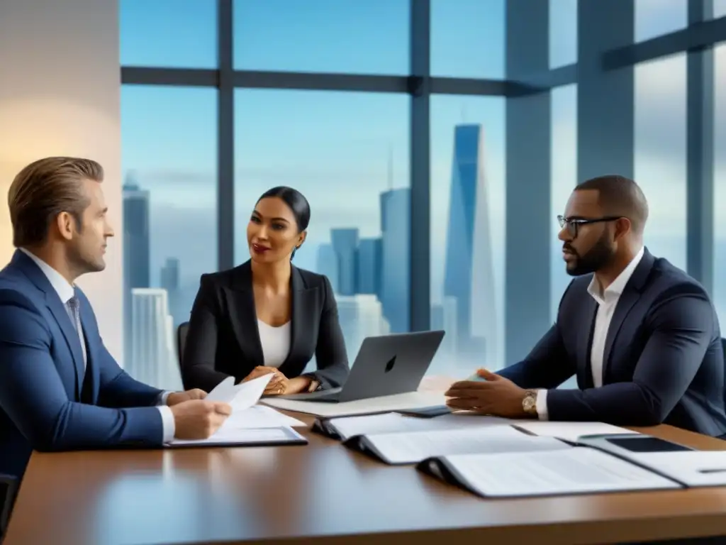 Abogados internacionales de bienes raíces en reunión profesional Importancia de abogados en transacciones inmobiliarias internacionales: Profesionales en reunión en moderna oficina