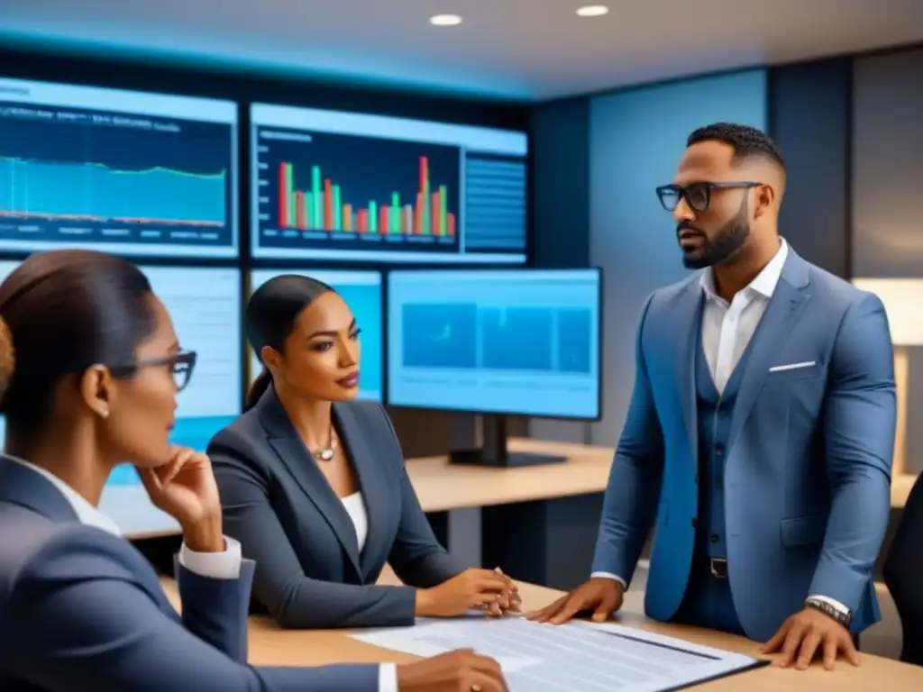 Equipo multicultural de expertos legales debatiendo sobre documentos inmobiliarios internacionales en oficina moderna Importancia expertos legales en disputas internacionales en moderna oficina de alta tecnología