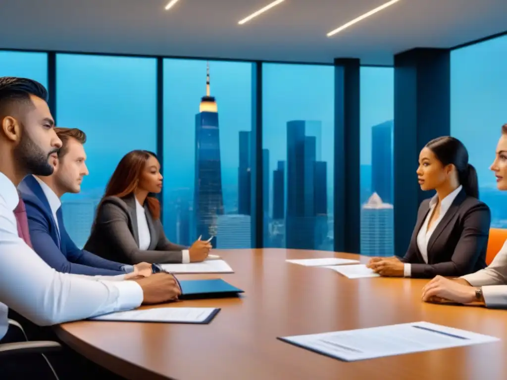 Profesionales globales discuten inversión inmobiliaria en sala moderna Importancia del due diligence legal en inversiones globales: Profesionales diversos discuten en una moderna sala de conferencias