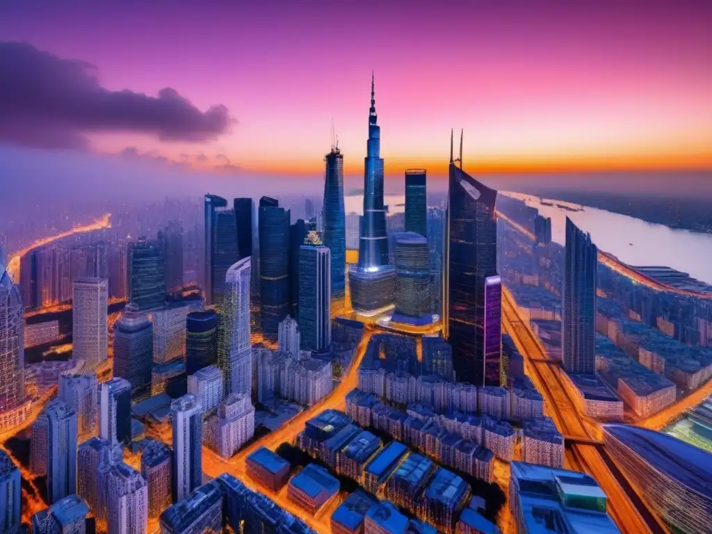 Metrópolis atardecer: modernidad y actividad urbana Importancia Due Diligence en operaciones inmobiliarias: Atardecer cálido ilumina rascacielos en bulliciosa ciudad moderna