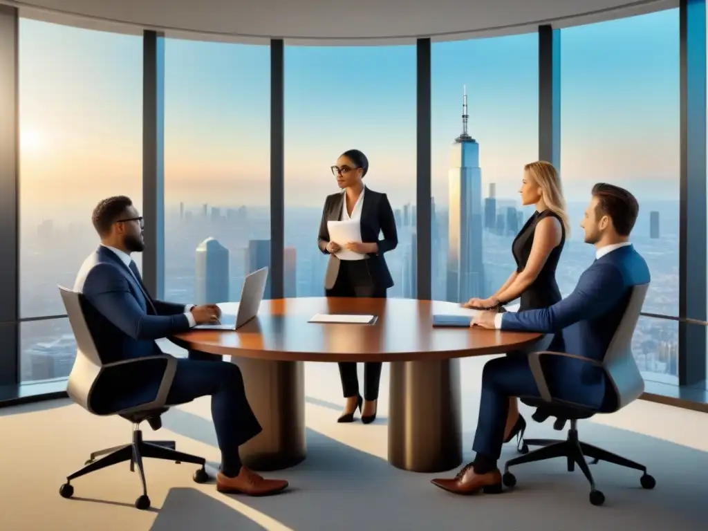 Reunión de Due Diligence en rascacielos Importancia Due Diligence en operaciones inmobiliarias: Equipo profesional en reunión en moderna sala de juntas, rodeados de laptops y planos, con vista a la ciudad