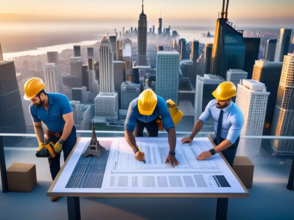 Desarrollo inmobiliario: construcción de rascacielos en ciudad Importancia de la Due Diligence en operaciones inmobiliarias: Proyecto en desarrollo con obreros, grúas y planos arquitectónicos en ciudad moderna
