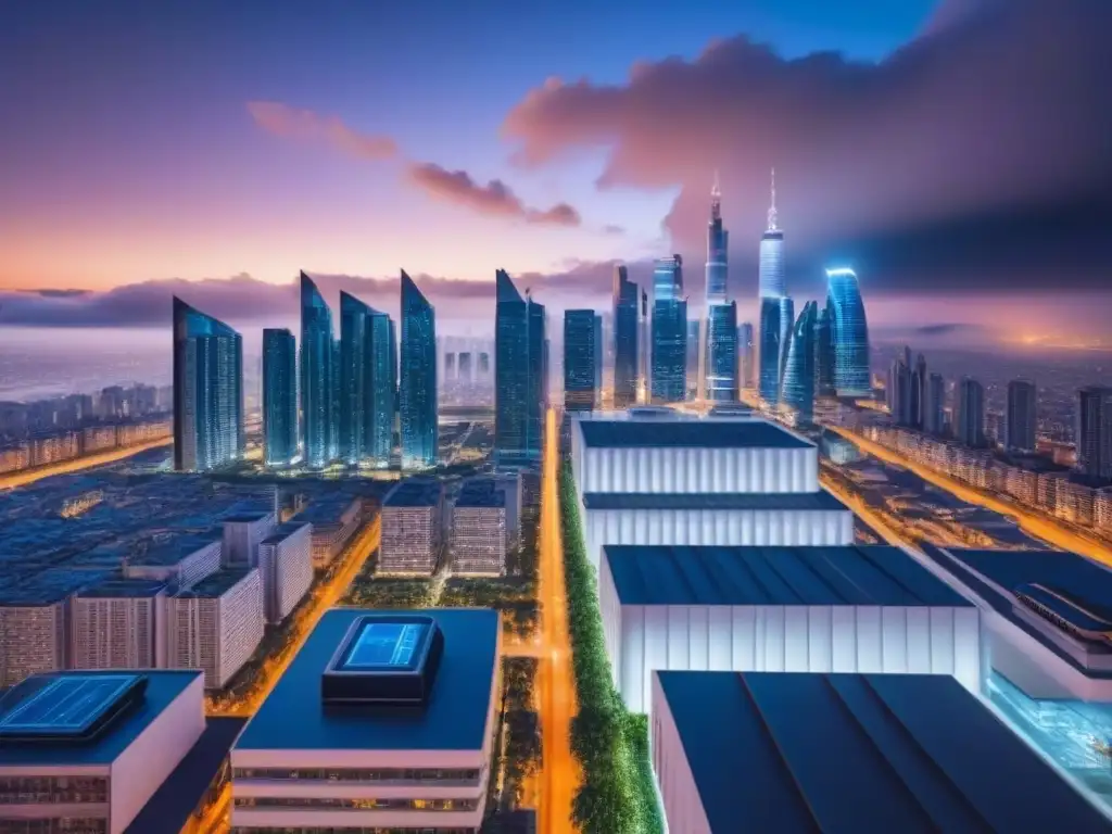 Metrópolis futurista: arquitectura moderna y seguridad avanzada en la noche Importancia de políticas de seguridad en la valoración inmobiliaria: ciudad futurista nocturna con rascacielos y drones de vigilancia