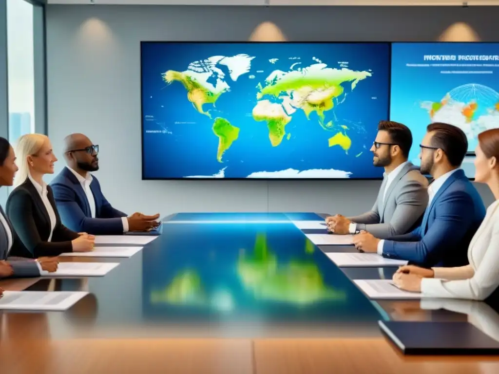 Inversores globales debaten sobre derechos de propiedad Importancia de regímenes de propiedad de la tierra: Inversores diversos discuten estrategias globales en sala de juntas moderna