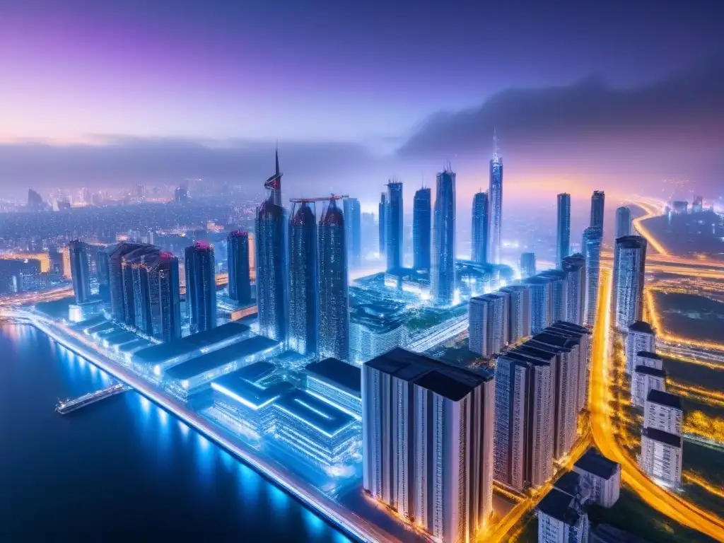 Metrópolis futurista: rascacielos inteligentes y sostenibles Importancia de sistemas de gestión en edificios inteligentes: Ciudad futurista nocturna con rascacielos interconectados y tecnología avanzada
