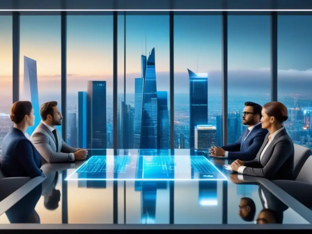 Inversores debaten mercado inmobiliario futuro en holograma Importante reunión de inversores en un holograma del mercado inmobiliario de Europa del Este
