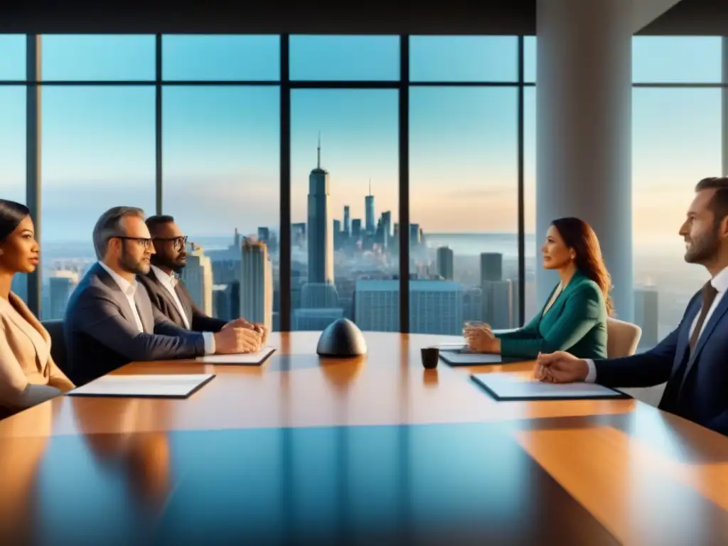 Reunión de profesionales en mesa de negociaciones con vista panorámica Importante reunión de profesionales en transacciones inmobiliarias internacionales