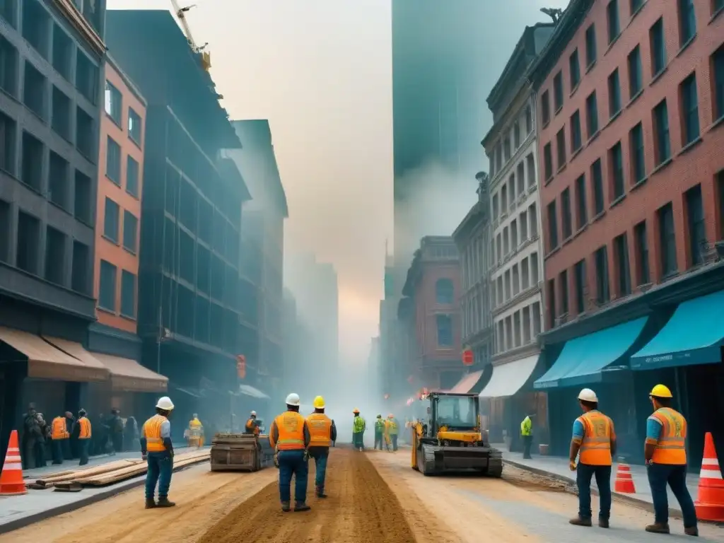 Renovación urbana: colaboración en la ciudad vibrante Importante renovación urbana con arquitectos y obreros en ciudad vibrante