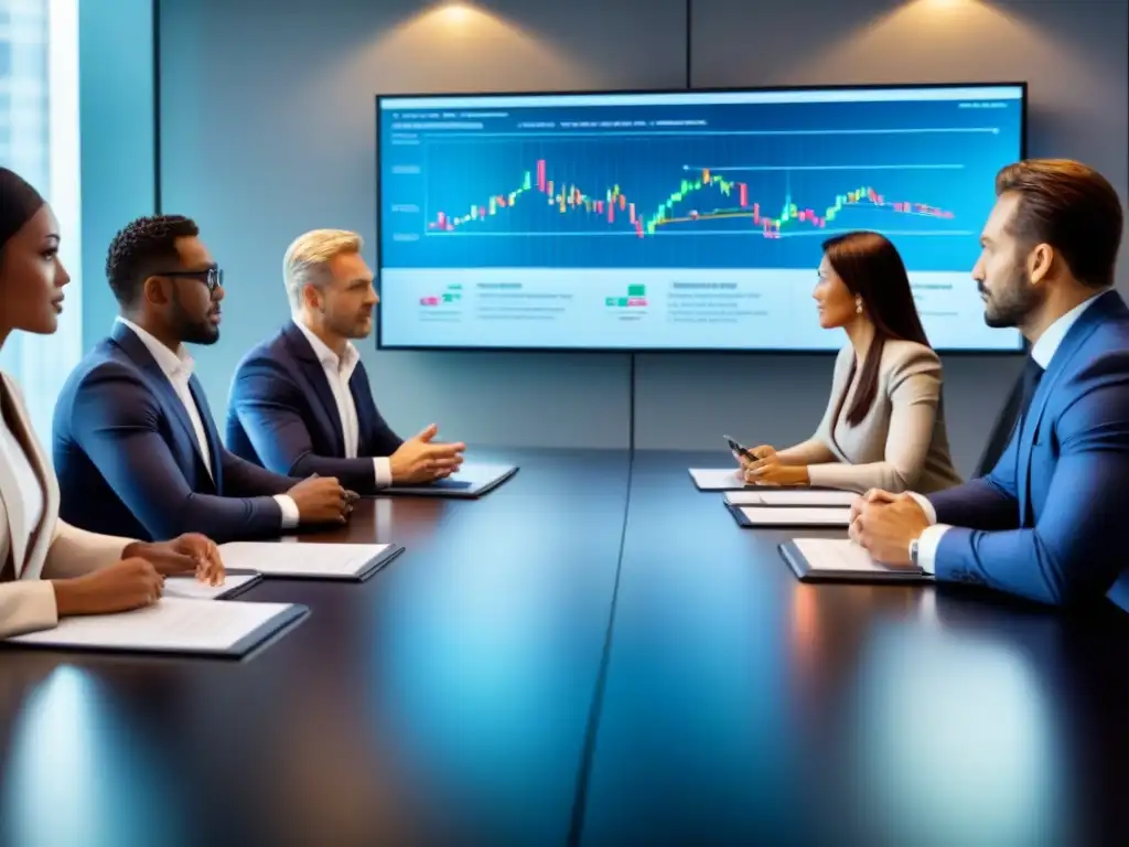 Importantes ejecutivos globales dirigen una reunión estratégica en una sala de juntas moderna, con gráficos en pantallas de alta tecnología