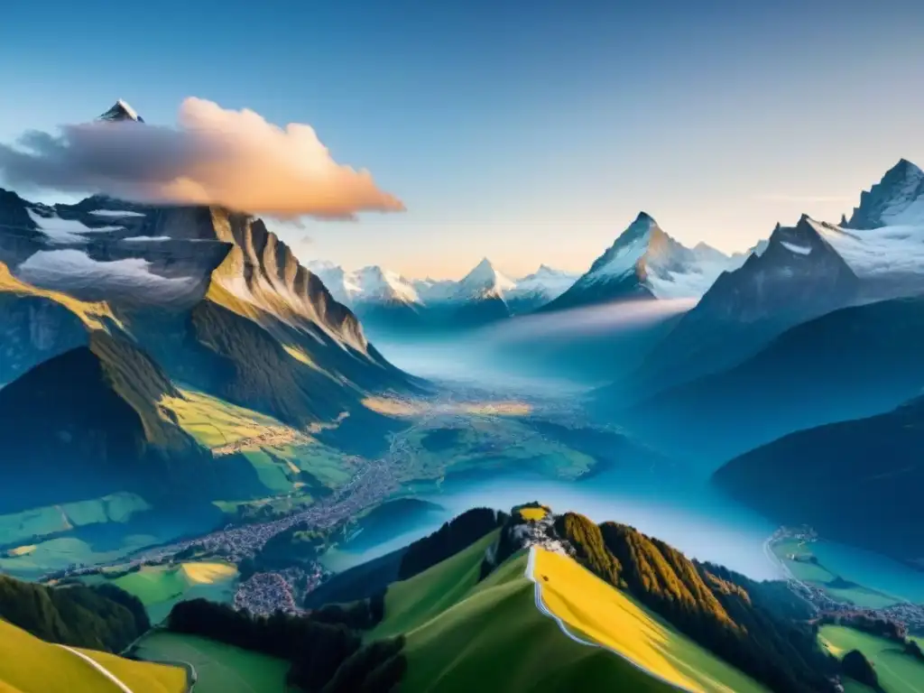 Impresionante amanecer en los Alpes Suizos, destacando la majestuosidad y tranquilidad de Suiza, ideal para inversores en 2023