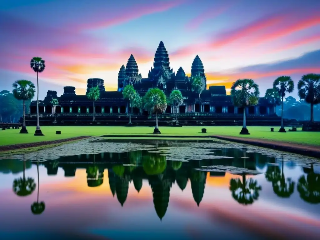 Majestuoso amanecer en Angkor Wat: detalle y serenidad Impresionante amanecer en Angkor Wat en Camboya, reflejando su belleza en el agua
