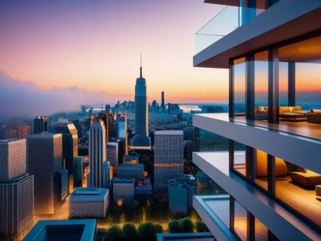 Rascacielos residencial de lujo: diseño futurista y sofisticado Impresionante visualización arquitectónica de un lujoso rascacielos residencial en la ciudad al atardecer