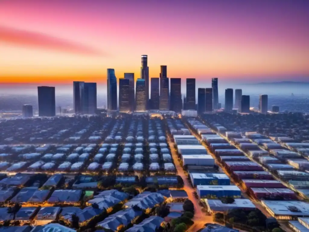 Espectacular atardecer en Los Ángeles: mercado inmobiliario vibrante Impresionante atardecer en Los Ángeles con sus rascacielos icónicos y calles bordeadas de palmeras