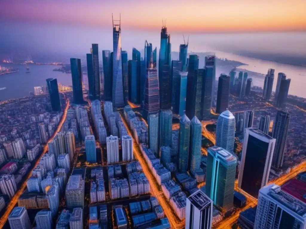 Espectacular panorama urbano al atardecer: inversión inmobiliaria global Un impresionante atardecer sobre una bulliciosa ciudad global, con rascacielos icónicos iluminados