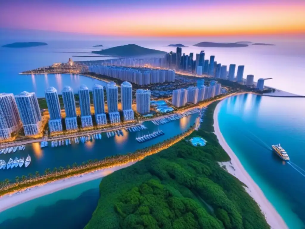 Un impresionante atardecer en una ciudad costera, muestra la urbanización en zonas costeras con rascacielos, áreas verdes y playas