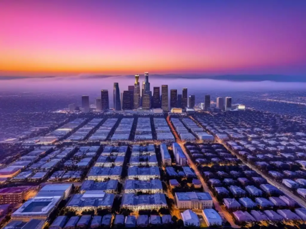 Espléndida vista aérea del skyline de Los Ángeles al atardecer Impresionante atardecer en el horizonte de Los Ángeles, ideal para inversores internacionales del mercado inmobiliario