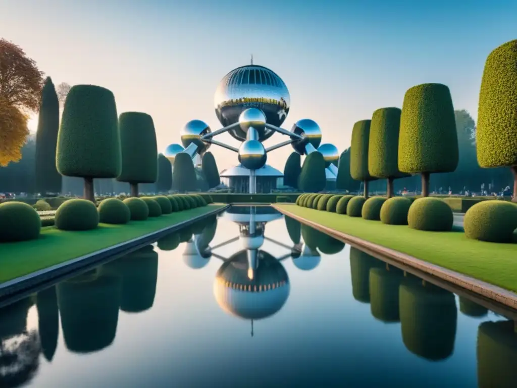 Atomium en Bruselas al amanecer: detalle en 8k Impresionante Atomium en Bruselas al amanecer, reflejado en un estanque