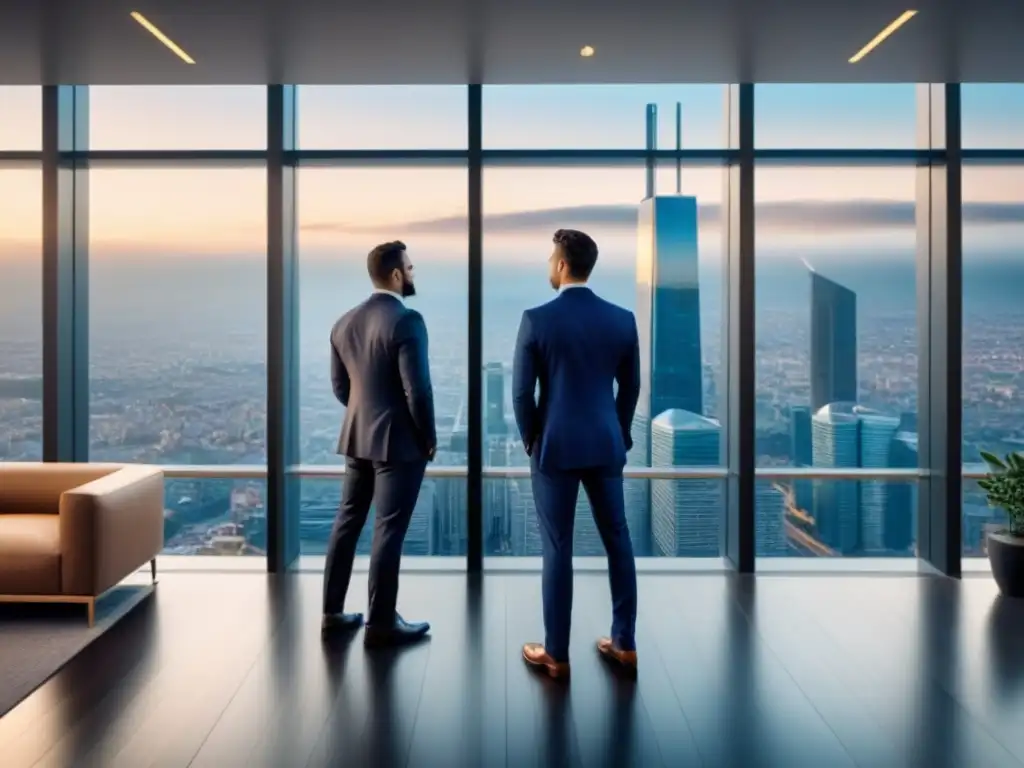 Edificio financiero internacional: elegancia y estabilidad en la ciudad 'Impresionante banco internacional con ventanales de piso a techo reflejando un vibrante paisaje urbano