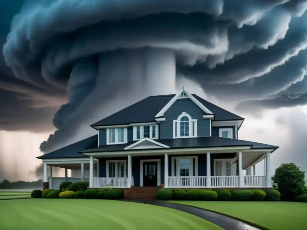 Residencia moderna resistiendo un tornado: contraste impactante Impresionante casa moderna resistiendo un tornado, resaltando la importancia del seguro propiedad en zonas propensas tornados