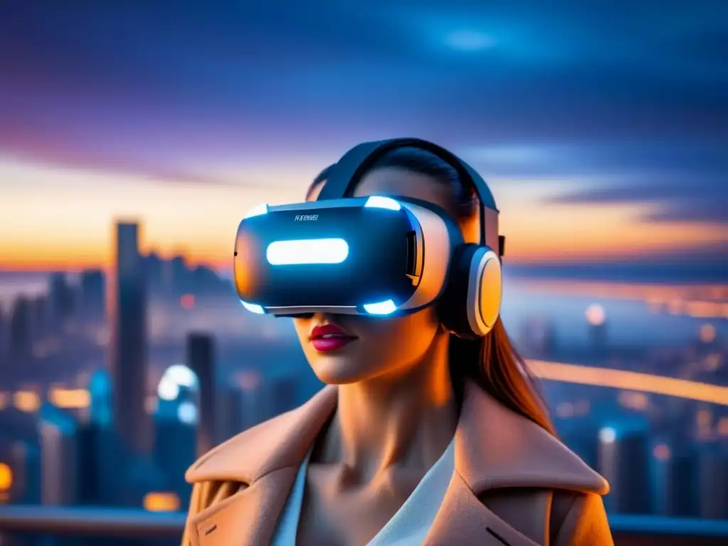 Innovador headset de realidad virtual en ciudad digital futurista Un impresionante casco de realidad virtual en una ciudad futurista, fusionando tecnología y bienes raíces