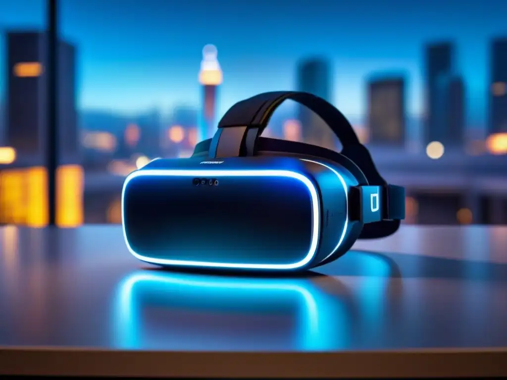 Headset de Realidad Virtual Futurista en Mesa de Cristal Impresionante casco de realidad virtual futurista iluminado en azul sobre mesa de cristal con reflejo de ciudad digital