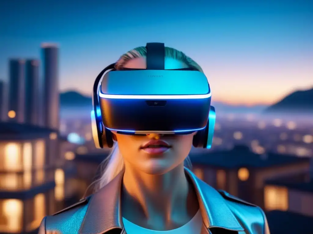 Realidad virtual: casas de lujo en hologramas Un impresionante casco de realidad virtual moderno rodeado de propiedades holográficas de alta tecnología, iluminado con una luz azul suave