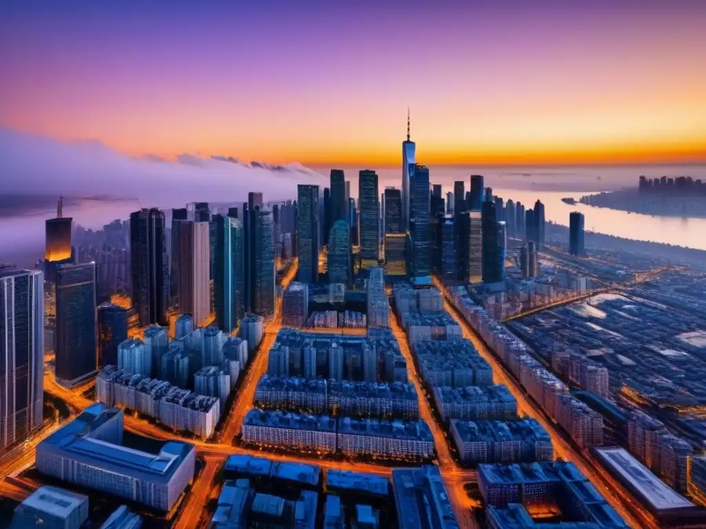 Cityscape dorado: mercado inmobiliario en constante evolución Impresionante ciudad al atardecer reflejando el impacto de las fluctuaciones cambiarias en el mercado inmobiliario