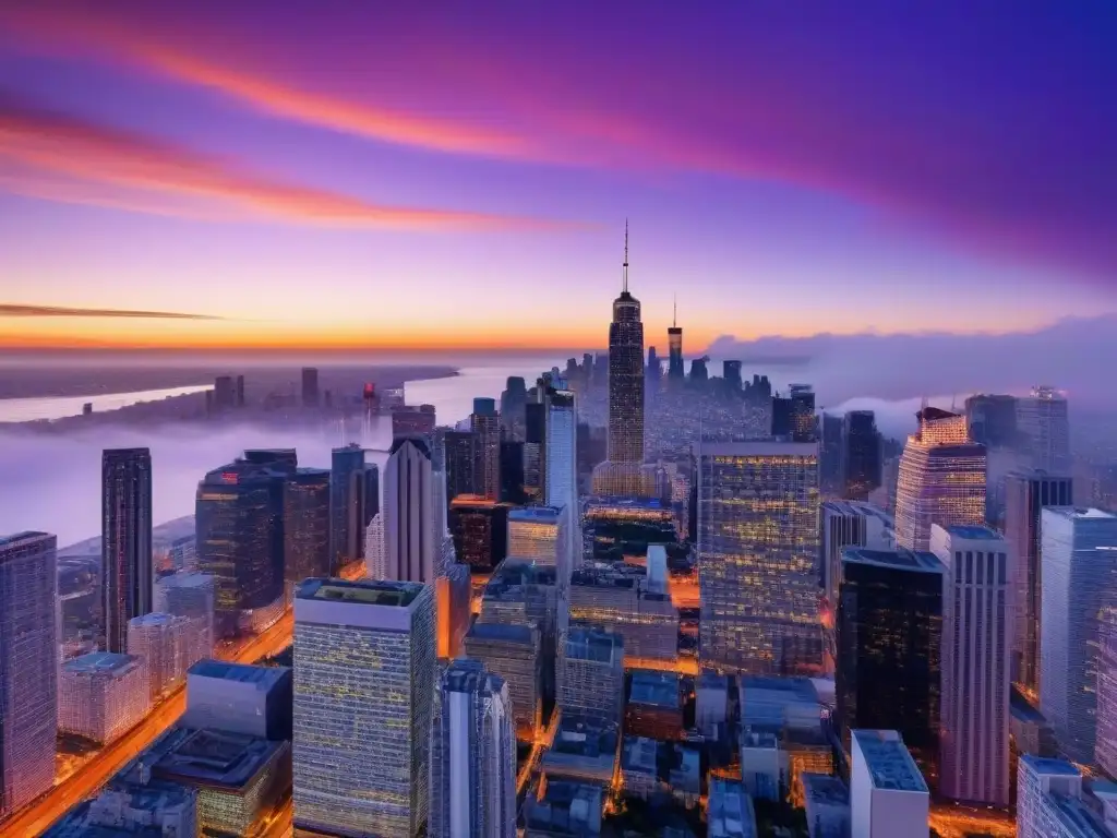Horizonte urbano al atardecer: reflejos dorados en futuristas rascacielos Impresionante ciudad al atardecer reflejando el impacto elecciones mercado inmobiliario internacional