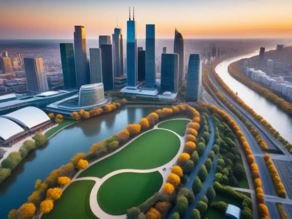 Espléndido atardecer urbano: modernos rascacielos y naturaleza en armonía Impresionante ciudad al atardecer, reflejando perspectivas de crecimiento en mercados inmobiliarios internacionales