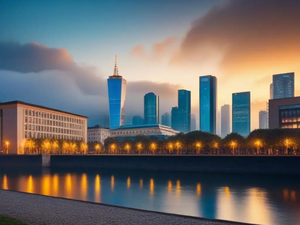 Horizonte urbano vibrante al anochecer: mercado inmobiliario en auge Impresionante ciudad al atardecer con rascacielos iluminados y reflejos dorados en el río