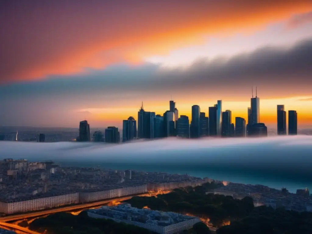 Horizonte urbano al atardecer: arquitectura moderna en 8k Impresionante ciudad al atardecer con rascacielos reflejando el sol dorado, mostrando arquitectura moderna en un entorno urbano dinámico