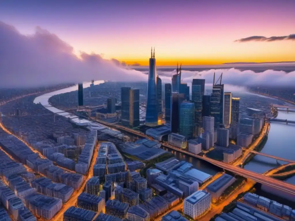 Espectacular ciudad al atardecer: rascacielos, autopistas y río Impresionante ciudad al atardecer con rascacielos, autopistas y río, resaltando la importancia inversión inmobiliaria en crisis