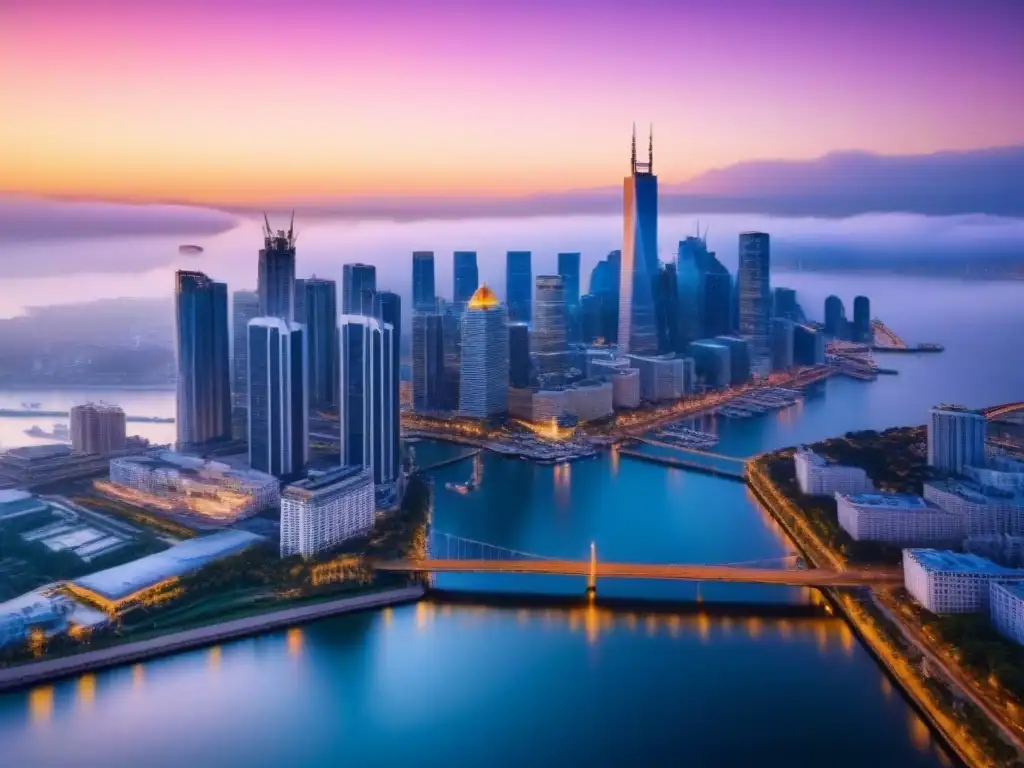 Horizonte urbano al atardecer: luces brillantes y serena belleza Impresionante ciudad al atardecer con rascacielos junto al agua, reflejando luces en el mar