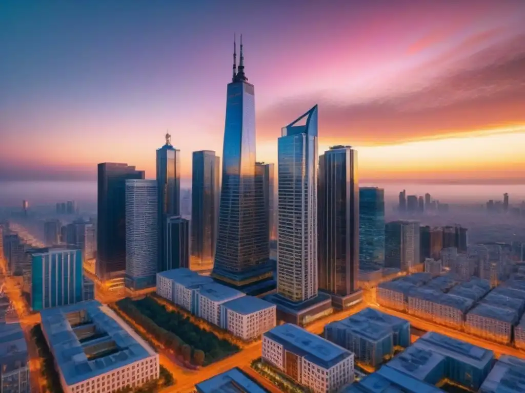 Deslumbrante ciudad al atardecer: inversión de lujo en bienes raíces Impresionante ciudad al atardecer con rascacielos reflejando cálidos colores del atardecer