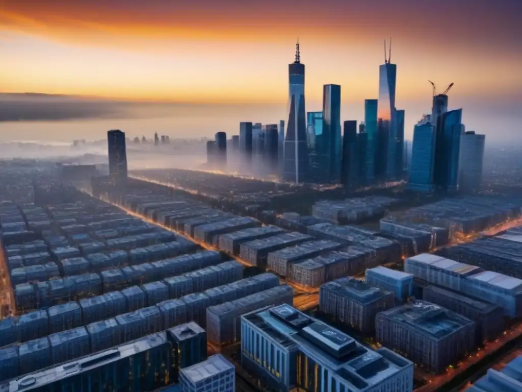 Metrópolis moderna: resiliencia en la puesta de sol Impresionante ciudad al atardecer, reflejo del Impacto de crisis económicas en el sector inmobiliario