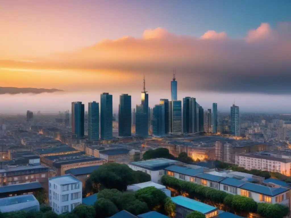 Horizonte urbano: crecimiento y desarrollo inmobiliario al atardecer Impresionante ciudad al atardecer, reflejos dorados en edificios modernos
