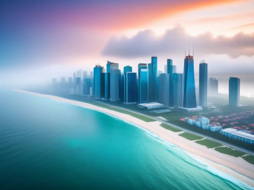 Metrópolis costera futurista: adaptación al cambio climático Impresionante ciudad costera futurista reflejando cambios climáticos y la importancia de seguros en zonas costeras