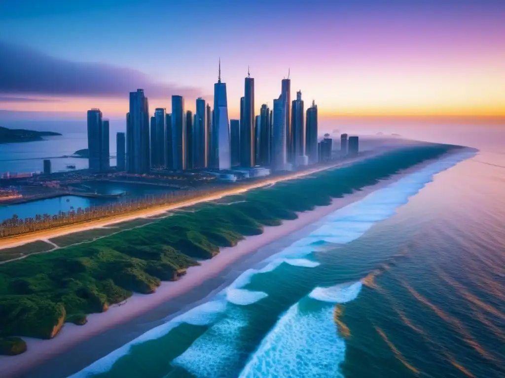 Impresionante ciudad costera futurista con rascacielos, integración de espacios verdes y diseño urbano innovador