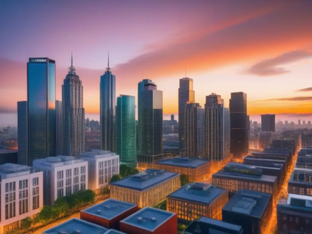 Metrópolis diversa al atardecer: reflejo de políticas urbanas en crisis Impresionante ciudad con diversidad urbana y impacto políticas crisis mercado inmobiliario