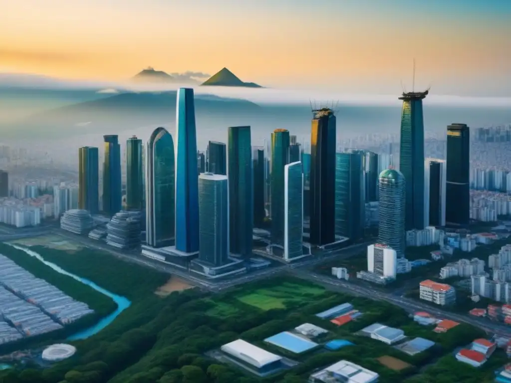 Metrópolis futurista en América Latina: arquitectura sostenible y desarrollo urbano Impresionante ciudad futurista en América Latina con arquitectura tradicional y moderna, reflejo de políticas de inversión inmobiliaria en la región