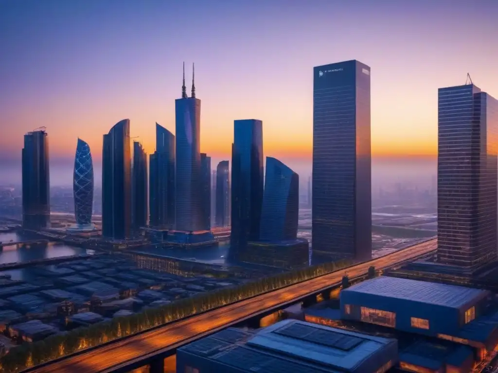 Metrópolis futurista al atardecer: fusión tecnológica y progreso urbano Impresionante ciudad futurista al atardecer, reflejo del impacto de la política comercial en el mercado inmobiliario