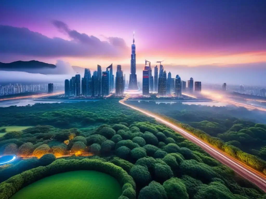 Metrópolis futurista: luces y arquitectura innovadora en 8k Impresionante ciudad futurista al atardecer, reflejando progreso y sofisticación