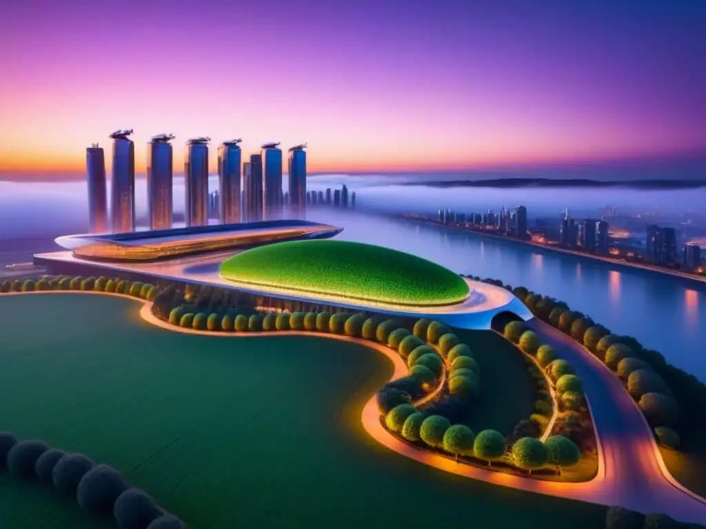Impresionante ciudad futurista al atardecer con tecnologías verdes inversión inmobiliaria