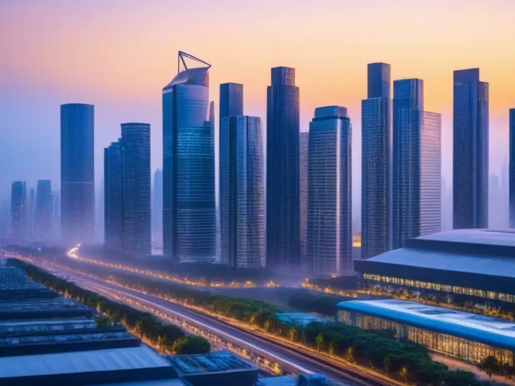 Metrópolis futurista al atardecer: innovación y progreso urbano Impresionante ciudad futurista al atardecer, reflejando innovación y progreso con la inteligencia artificial en mercado inmobiliario